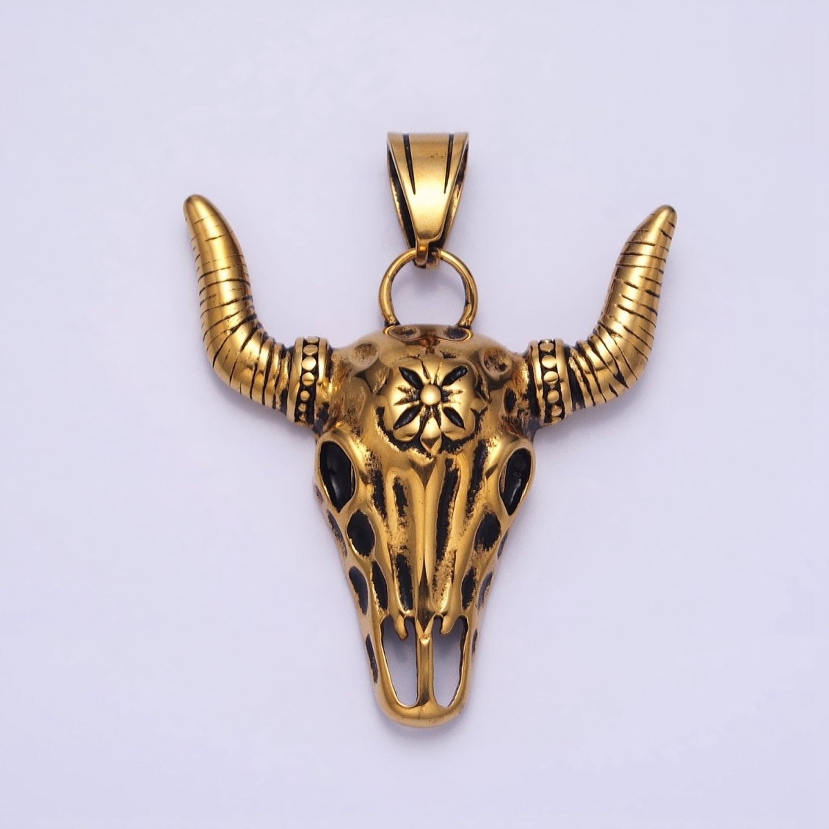 Stainless Steel Flower Line Textured Long-Horned Bull Animal Gold, Silver Pendant | P-1135 - DLUXCA