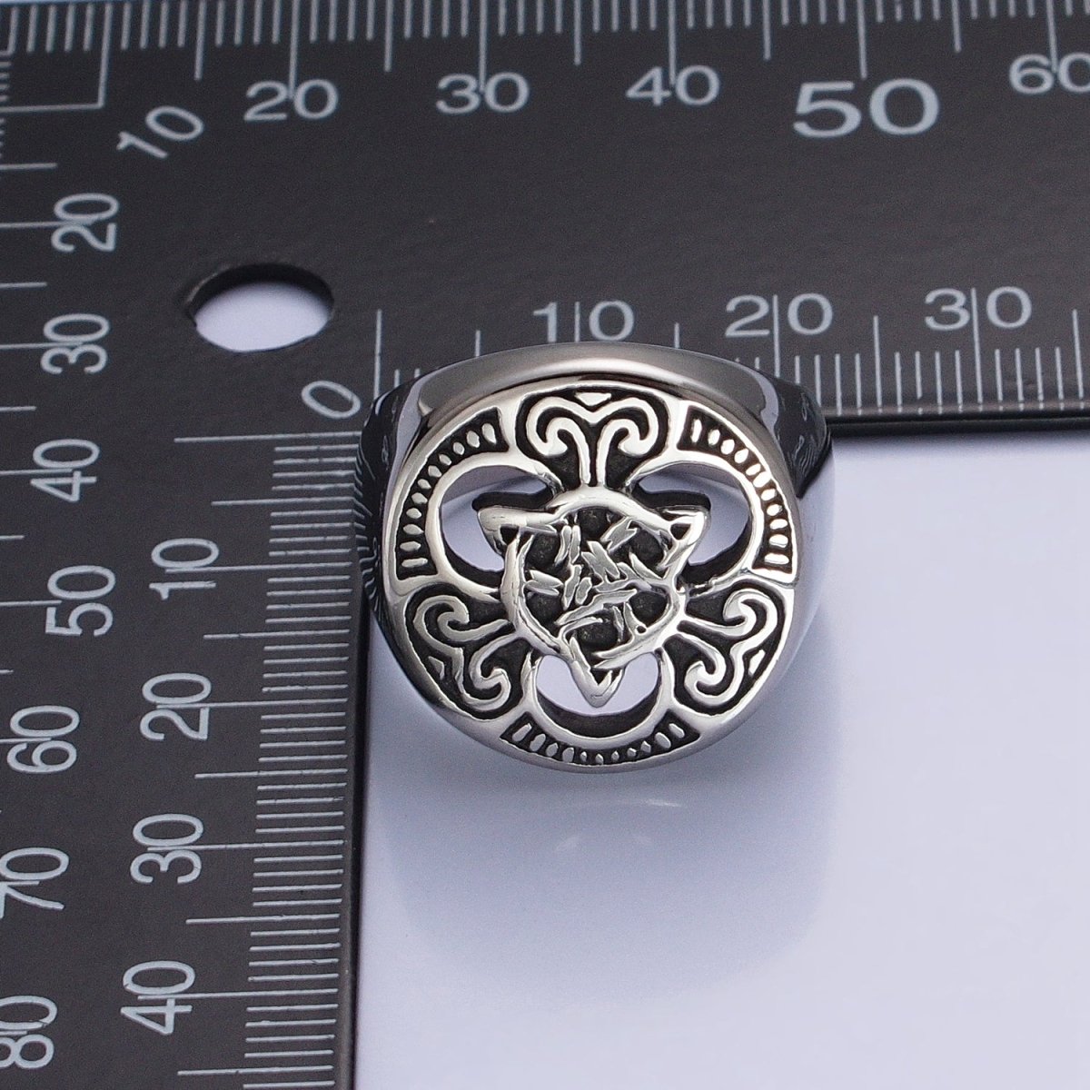 Stainless Steel Geometric Celtic Knot Cross Round Signet Silver Ring | O-1841~O-1844 - DLUXCA