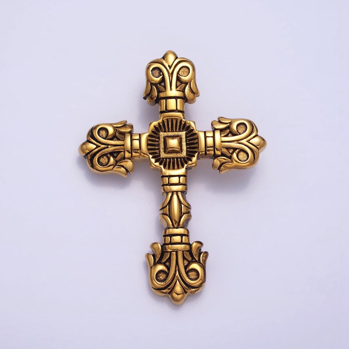 Stainless Steel Geometric Engraved Religious Cross Pendant in Silver & Gold | P1130 - DLUXCA