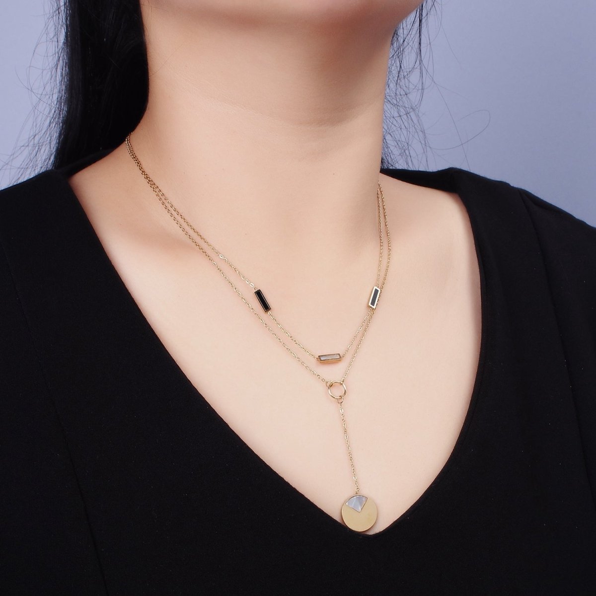Stainless Steel Geometric Shell Pearl, Black Bar Lariat Round Pearl Cable Double Layer Stack Necklace | WA-2083 Clearance Pricing - DLUXCA