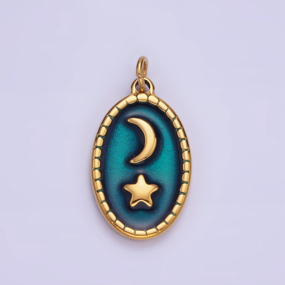 Stainless Steel Gold Celestial Pendant, Star Moon Medallion, Crescent Moon Pendant Oval Charm P-1382 - DLUXCA