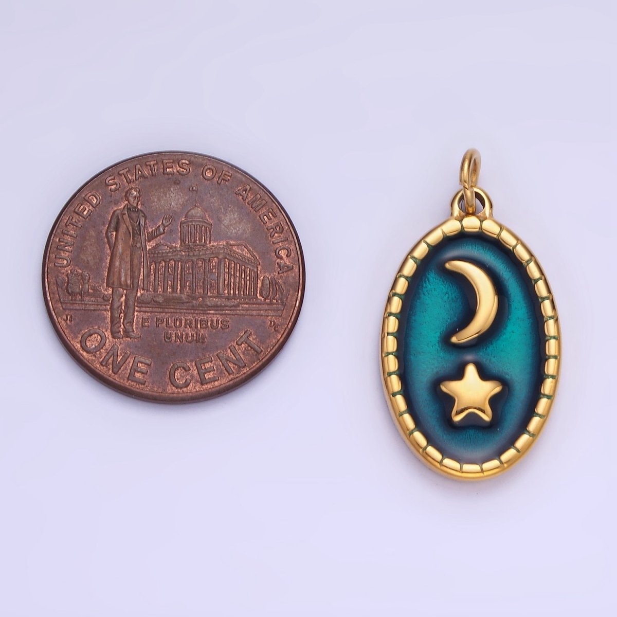 Stainless Steel Gold Celestial Pendant, Star Moon Medallion, Crescent Moon Pendant Oval Charm P-1382 - DLUXCA