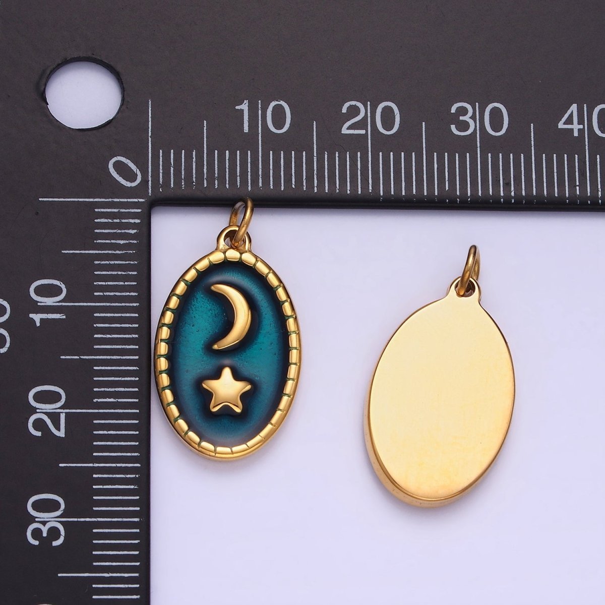 Stainless Steel Gold Celestial Pendant, Star Moon Medallion, Crescent Moon Pendant Oval Charm P-1382 - DLUXCA