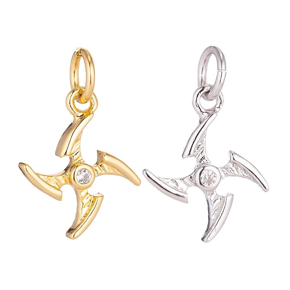 Stainless Steel Gold Silver Pinwheel Dainty Shuriken Ninja Star Cubic Zirconia Bracelet Charm Necklace Pendant Findings for Jewelry Making E-650 - DLUXCA
