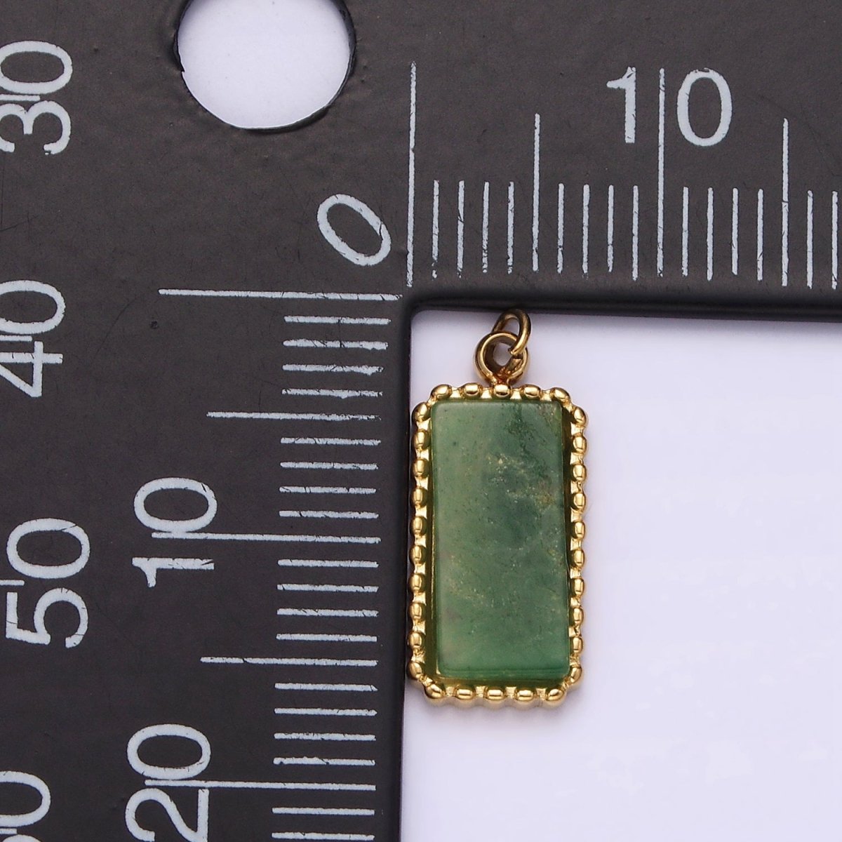 Stainless Steel Green Aventurine Dotted Bezel Rectangular Tag Charm in Gold & Silver | P1298 P1299 - DLUXCA