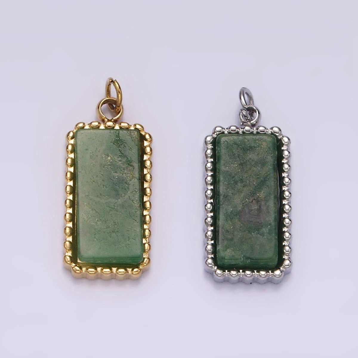 Stainless Steel Green Aventurine Dotted Bezel Rectangular Tag Charm in Gold & Silver | P1298 P1299 - DLUXCA