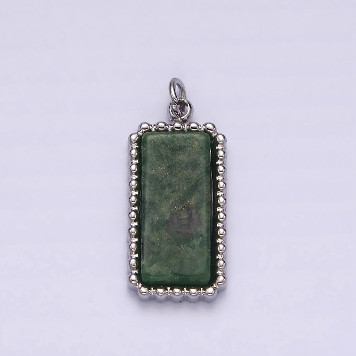 Stainless Steel Green Aventurine Dotted Bezel Rectangular Tag Charm in Gold & Silver | P1298 P1299 - DLUXCA