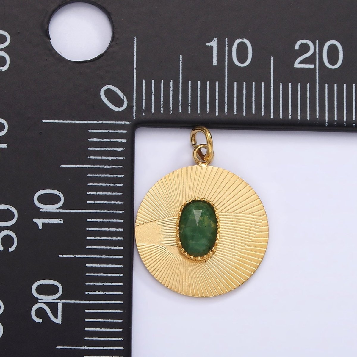 Stainless Steel Green Aventurine Multifaceted Cabochon Line-Textured Round Charm in Gold & Silver | P1328 P1329 - DLUXCA