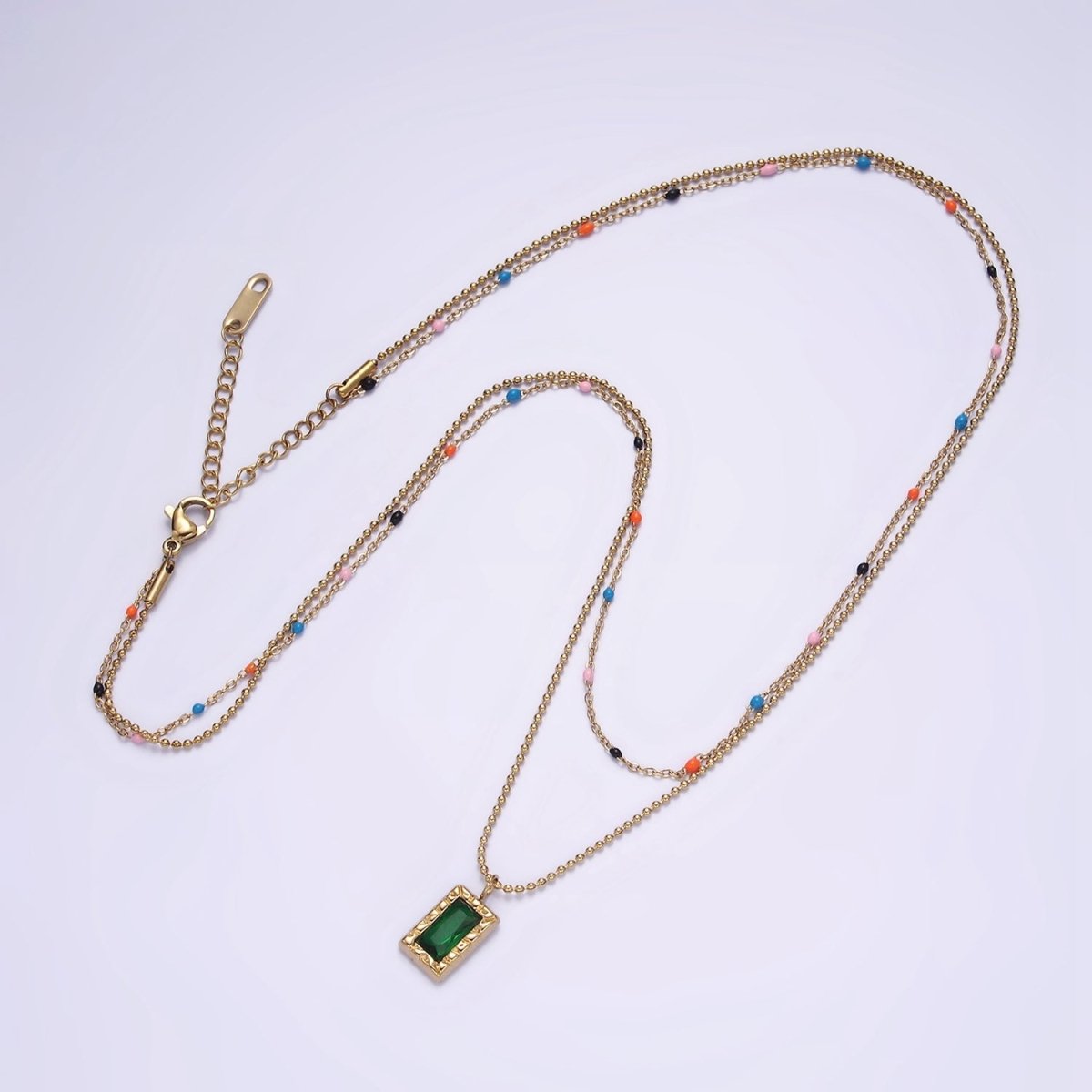 Stainless Steel Green Baguette Hammered Bead Enamel Satellite Double Layer Stack Necklace | WA-2066 Clearance Pricing - DLUXCA