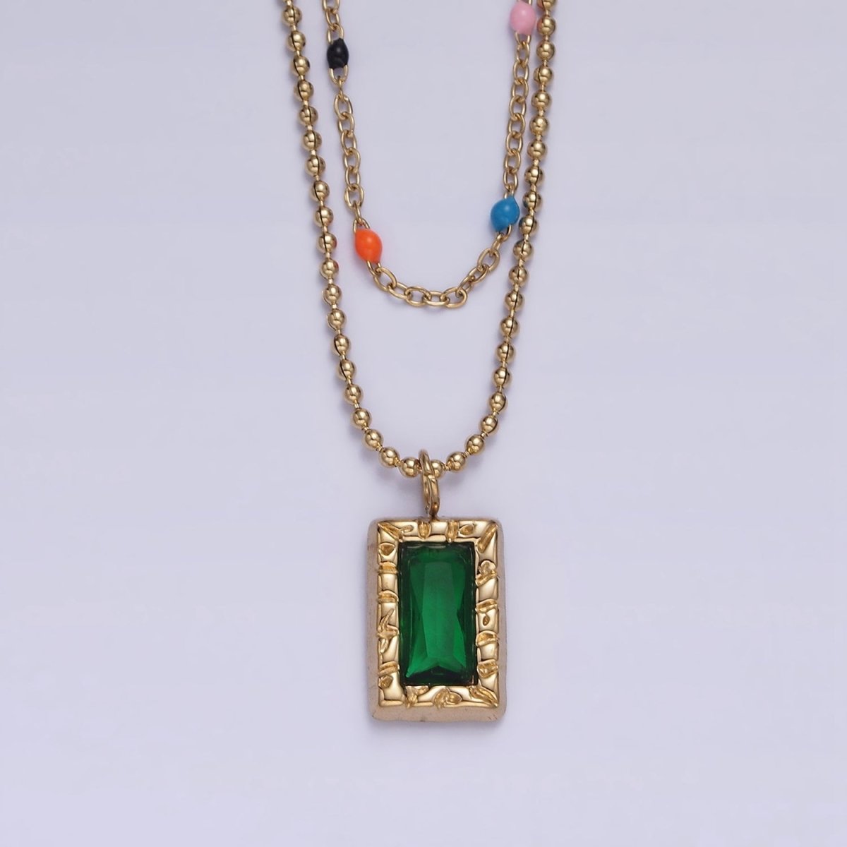 Stainless Steel Green Baguette Hammered Bead Enamel Satellite Double Layer Stack Necklace | WA-2066 Clearance Pricing - DLUXCA