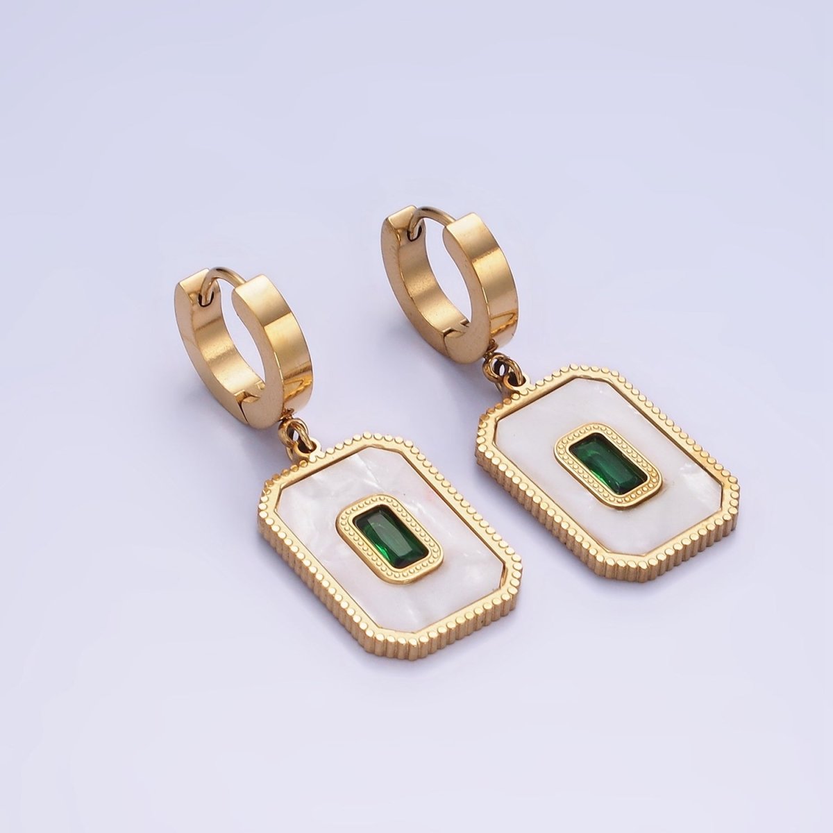 Stainless Steel Green Baguette Shell Pearl Rectangular Tag Drop Huggie Earrings | AE452 - DLUXCA