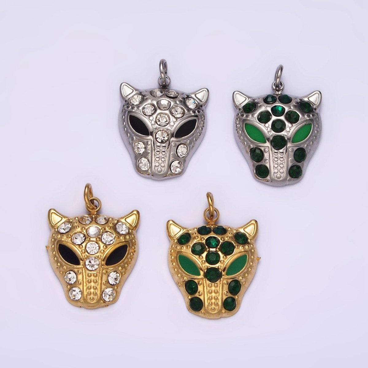 Stainless Steel Green, Black Eyed Panther Animal CZ Dotted Charm in Gold & Silver | P-678 ~P-681 - DLUXCA
