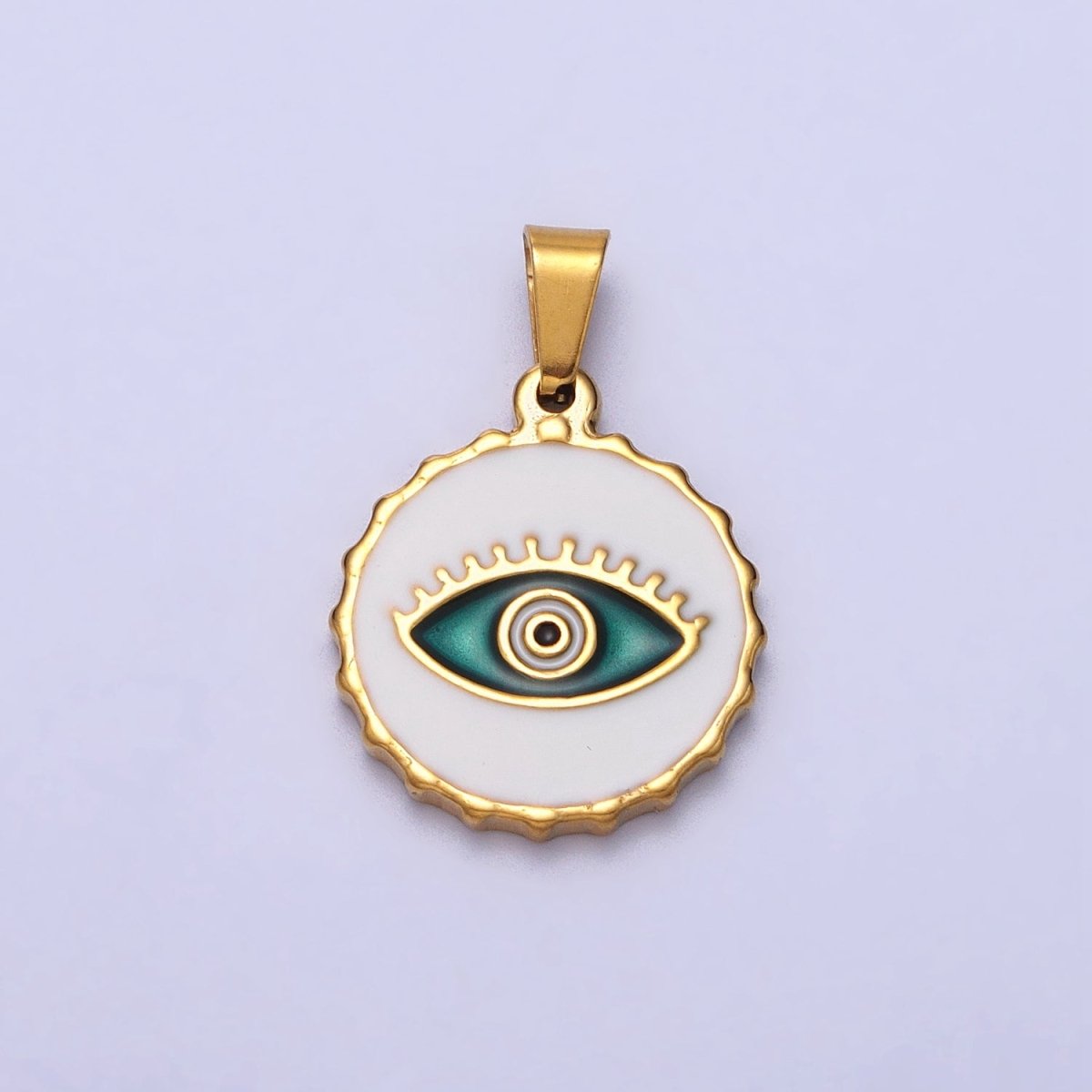 Stainless Steel Green, Blue Evil Eye White Enamel Round Textured Pendant in Gold & Silver J-683 J-686 J-689 J-698 - DLUXCA