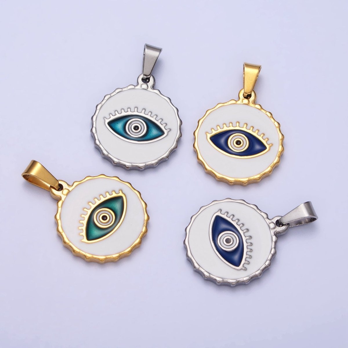 Stainless Steel Green, Blue Evil Eye White Enamel Round Textured Pendant in Gold & Silver J-683 J-686 J-689 J-698 - DLUXCA