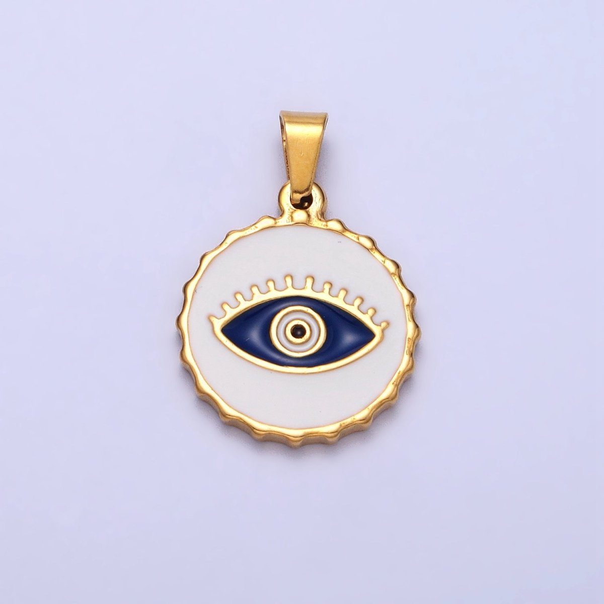 Stainless Steel Green, Blue Evil Eye White Enamel Round Textured Pendant in Gold & Silver J-683 J-686 J-689 J-698 - DLUXCA