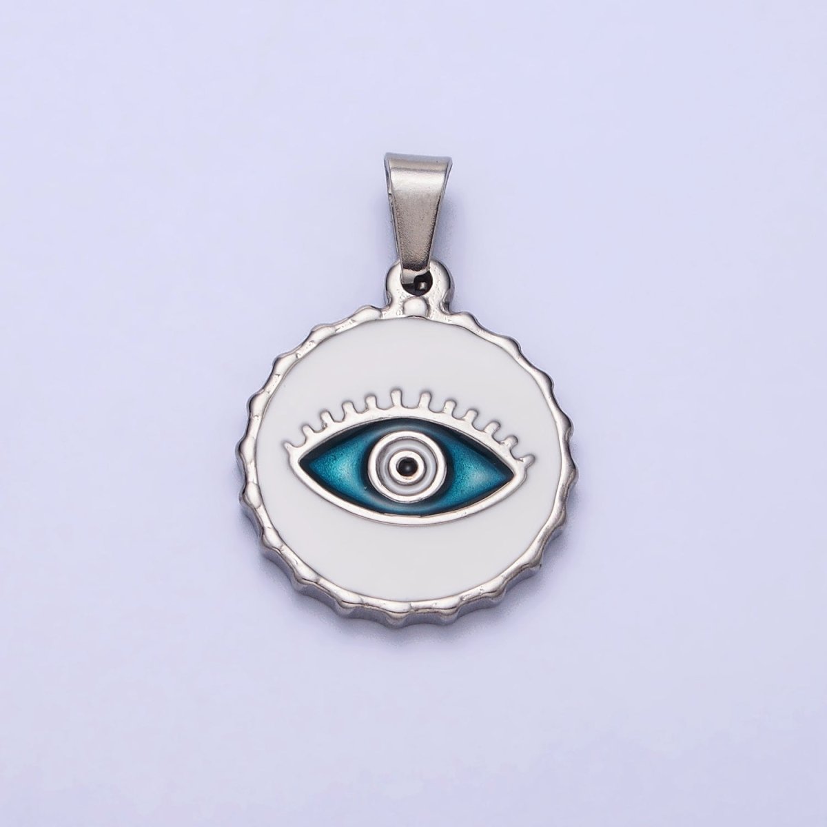 Stainless Steel Green, Blue Evil Eye White Enamel Round Textured Pendant in Gold & Silver J-683 J-686 J-689 J-698 - DLUXCA