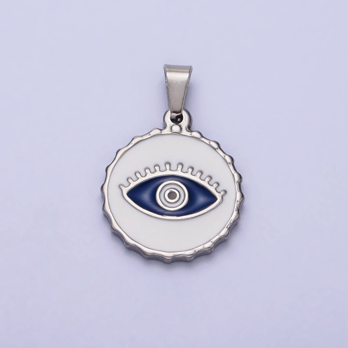 Stainless Steel Green, Blue Evil Eye White Enamel Round Textured Pendant in Gold & Silver J-683 J-686 J-689 J-698 - DLUXCA