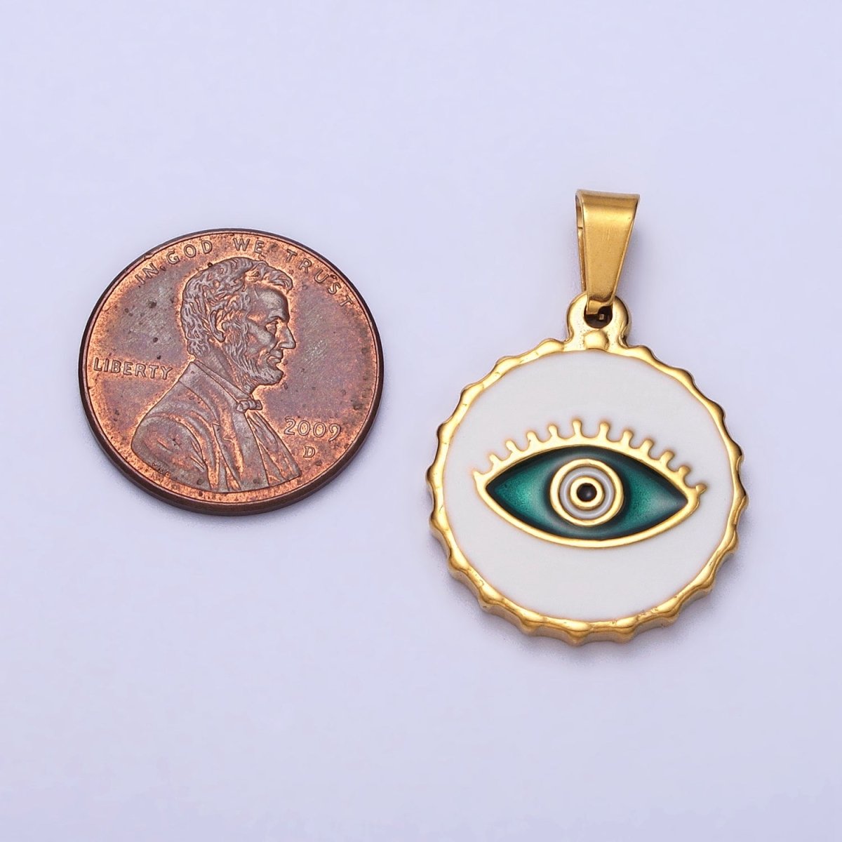 Stainless Steel Green, Blue Evil Eye White Enamel Round Textured Pendant in Gold & Silver J-683 J-686 J-689 J-698 - DLUXCA