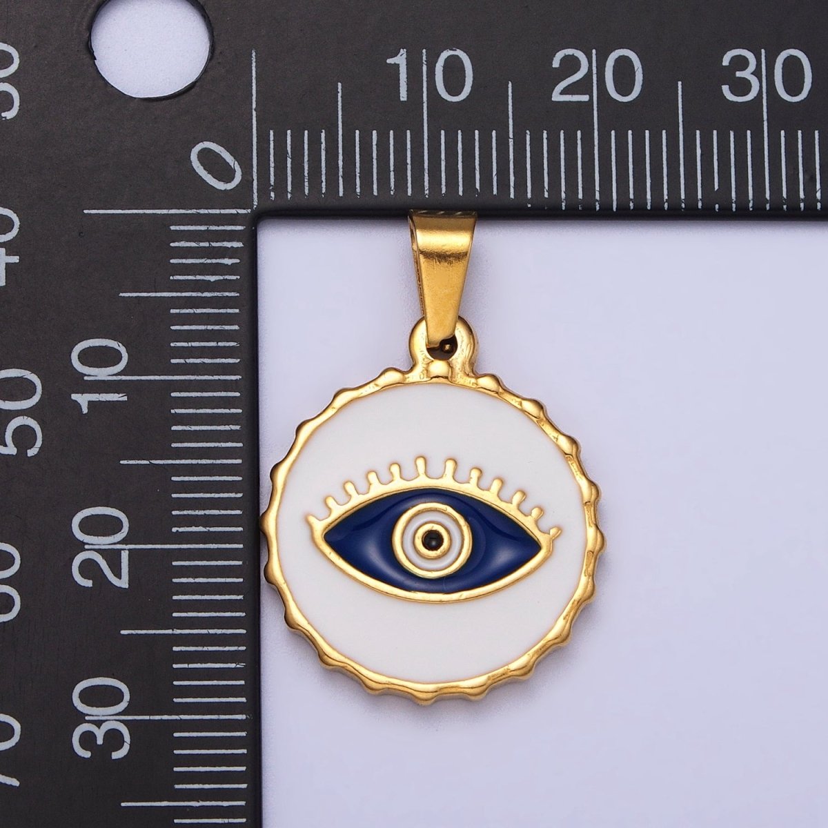 Stainless Steel Green, Blue Evil Eye White Enamel Round Textured Pendant in Gold & Silver J-683 J-686 J-689 J-698 - DLUXCA