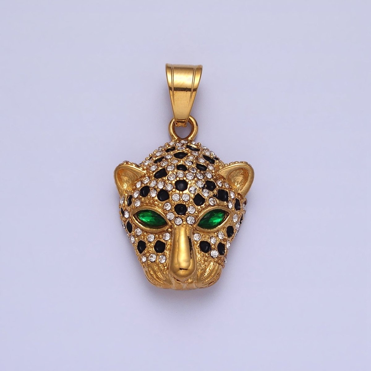 Stainless Steel Green-Eyed CZ Jaguar Animal Black White Micro