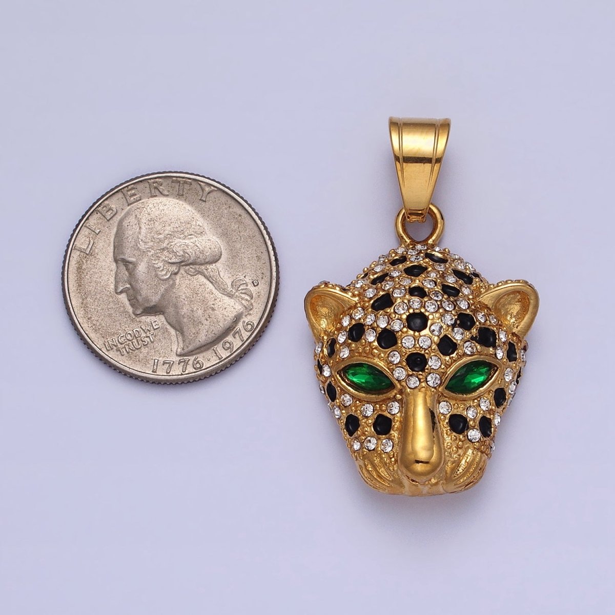 Stainless Steel Green-Eyed CZ Jaguar Animal Black White Micro Paved CZ Gold & Silver Pendant J-755 J-758 - DLUXCA