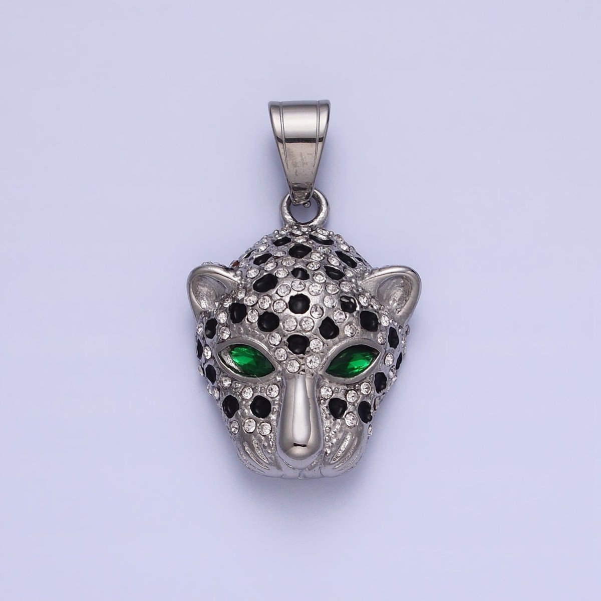 Stainless Steel Green-Eyed CZ Jaguar Animal Black White Micro