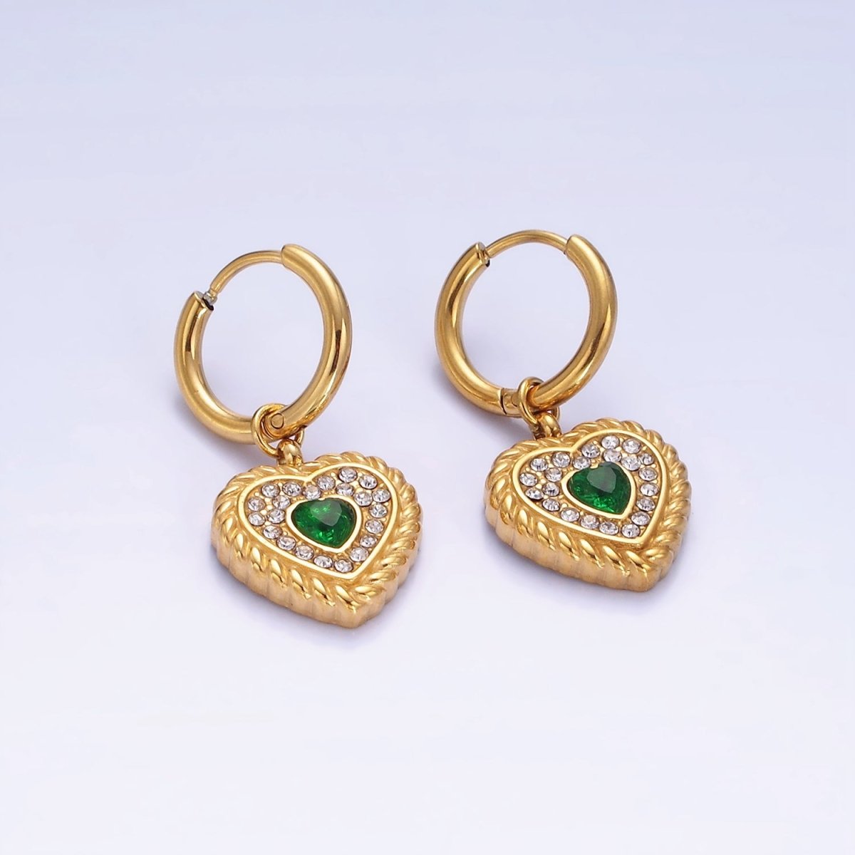 Stainless Steel Green Heart CZ Micro Paved Croissant Heart Drop Huggie Earrings | AE456 - DLUXCA