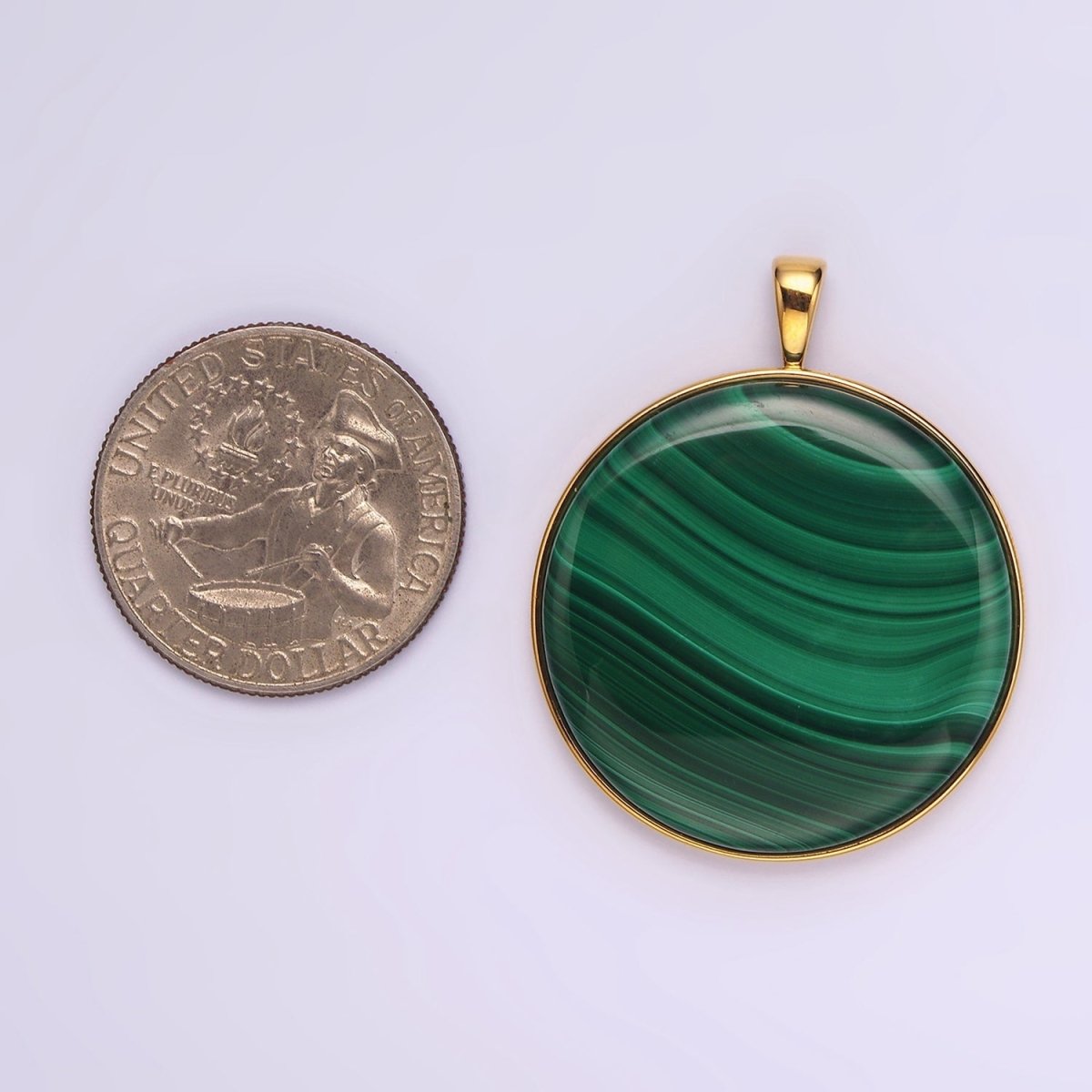 Stainless Steel Green Malachite Minimalist Bezel Round Pendant | P-856 - DLUXCA