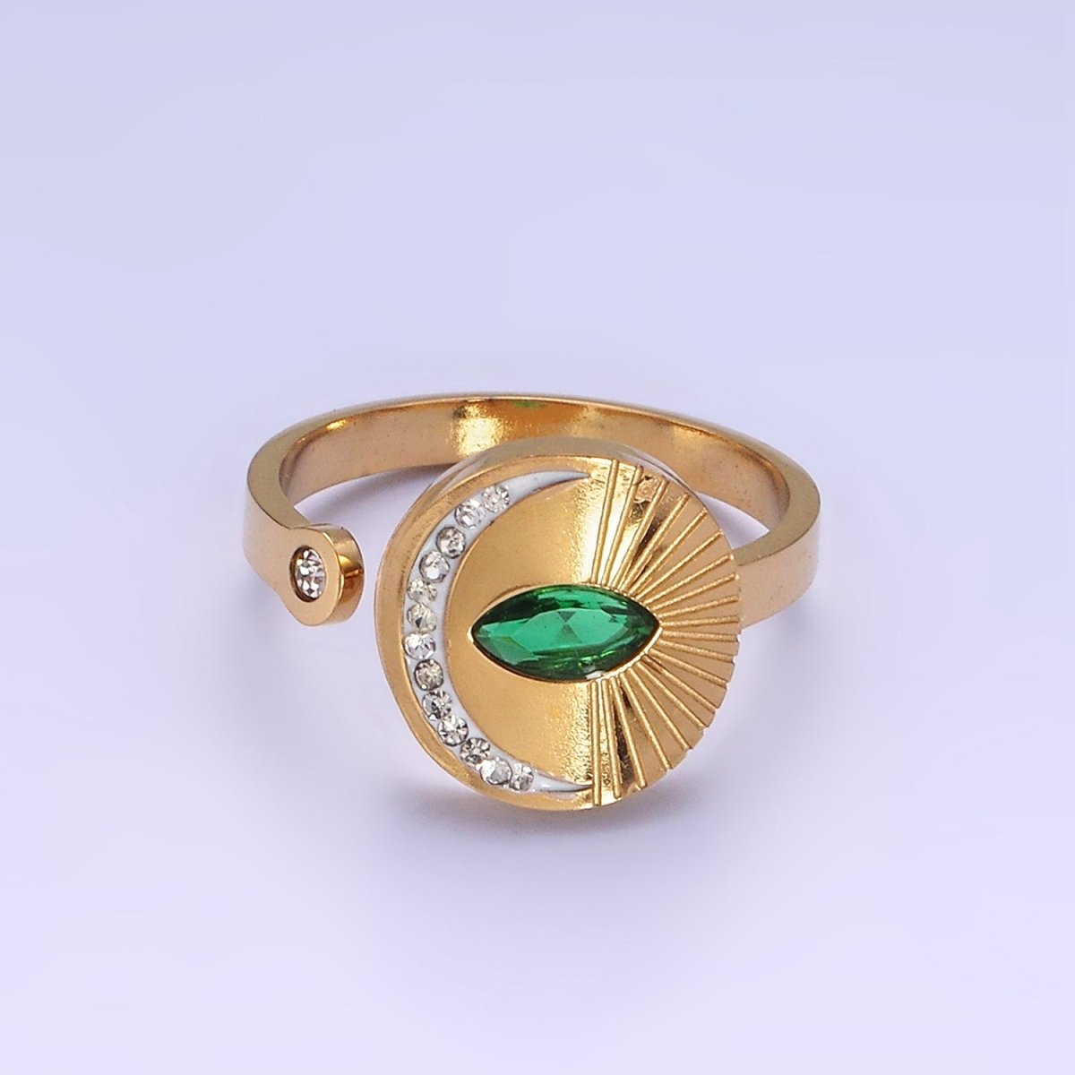 Stainless Steel Green Marquise CZ Celestial Crescent Moon Lined Sunburst Round Wrap Ring | O1296 - DLUXCA