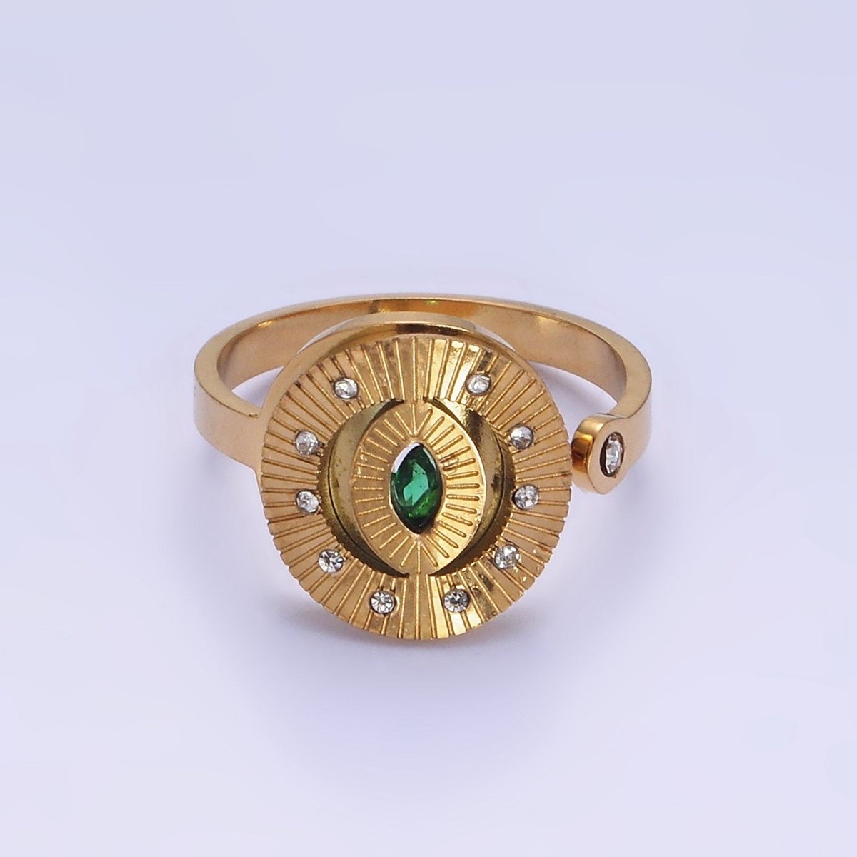 Stainless Steel Green Marquise CZ Dotted Sunburst Lined Oval Wrap Ring | O1288 - DLUXCA