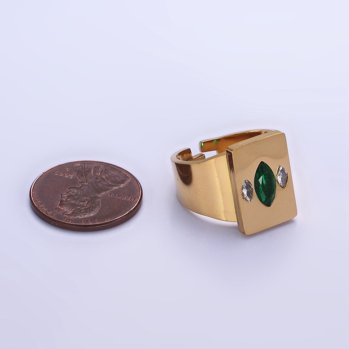 Stainless Steel Green Marquise Double Clear CZ Rectangular Tag Signet Ring | O1285 - DLUXCA