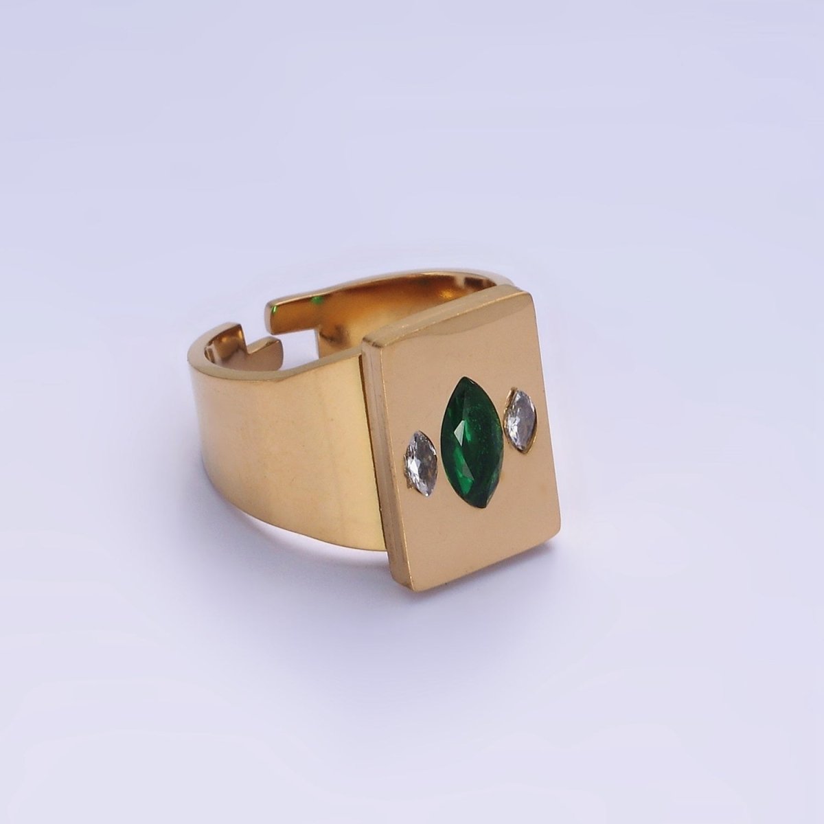 Stainless Steel Green Marquise Double Clear CZ Rectangular Tag Signet Ring | O1285 - DLUXCA