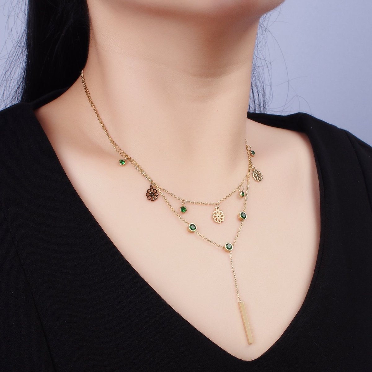 Stainless Steel Green Round CZ Disc Open Flower Bar Lariat Double Layer Stack Necklace | WA-2057 Clearance Pricing - DLUXCA