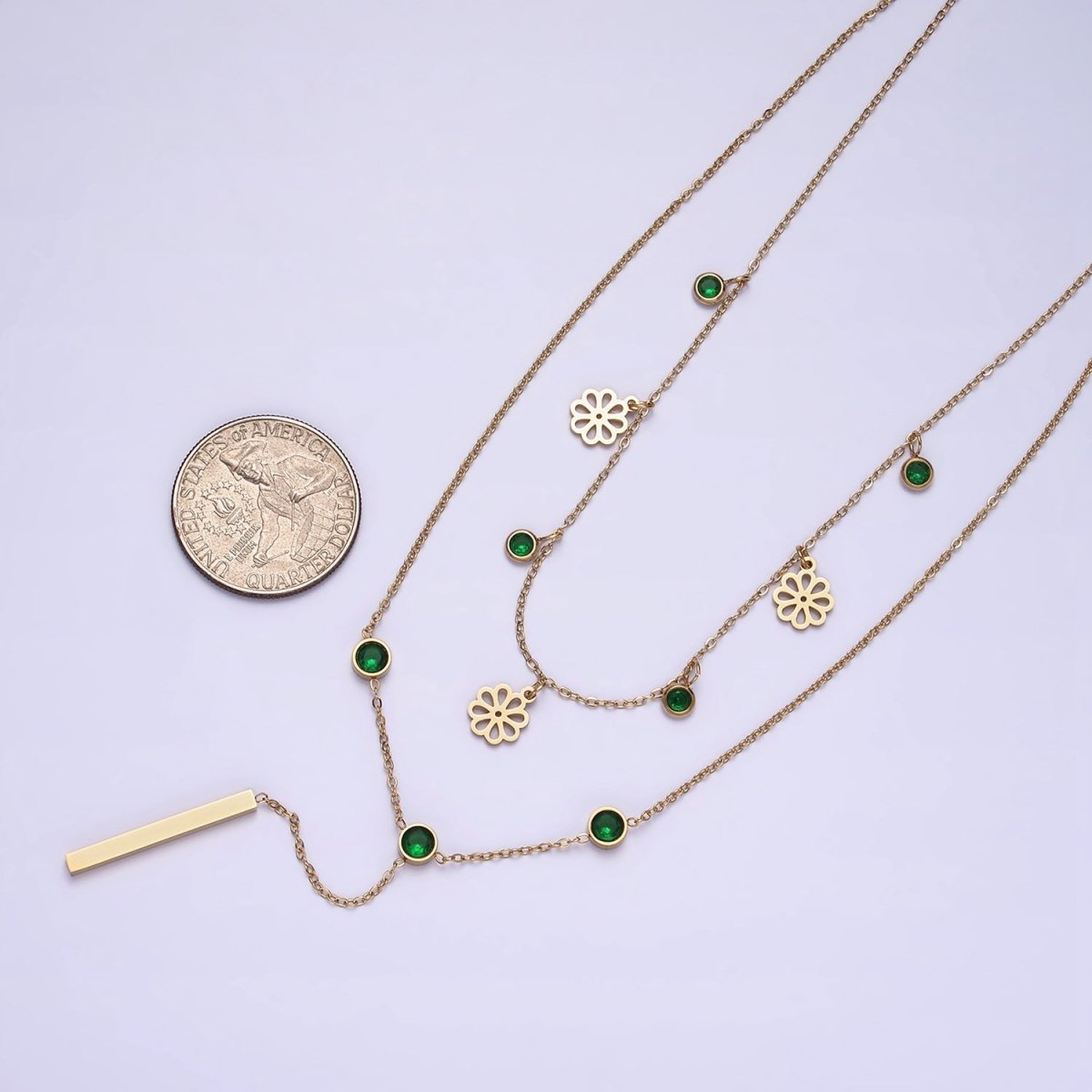 Stainless Steel Green Round CZ Disc Open Flower Bar Lariat Double Layer Stack Necklace | WA-2057 Clearance Pricing - DLUXCA