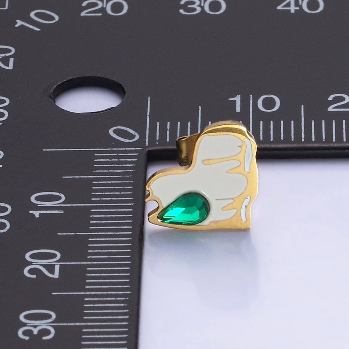 Stainless Steel Green Teardrop CZ White Molten Enamel Heart Stud Earrings | V511 - DLUXCA