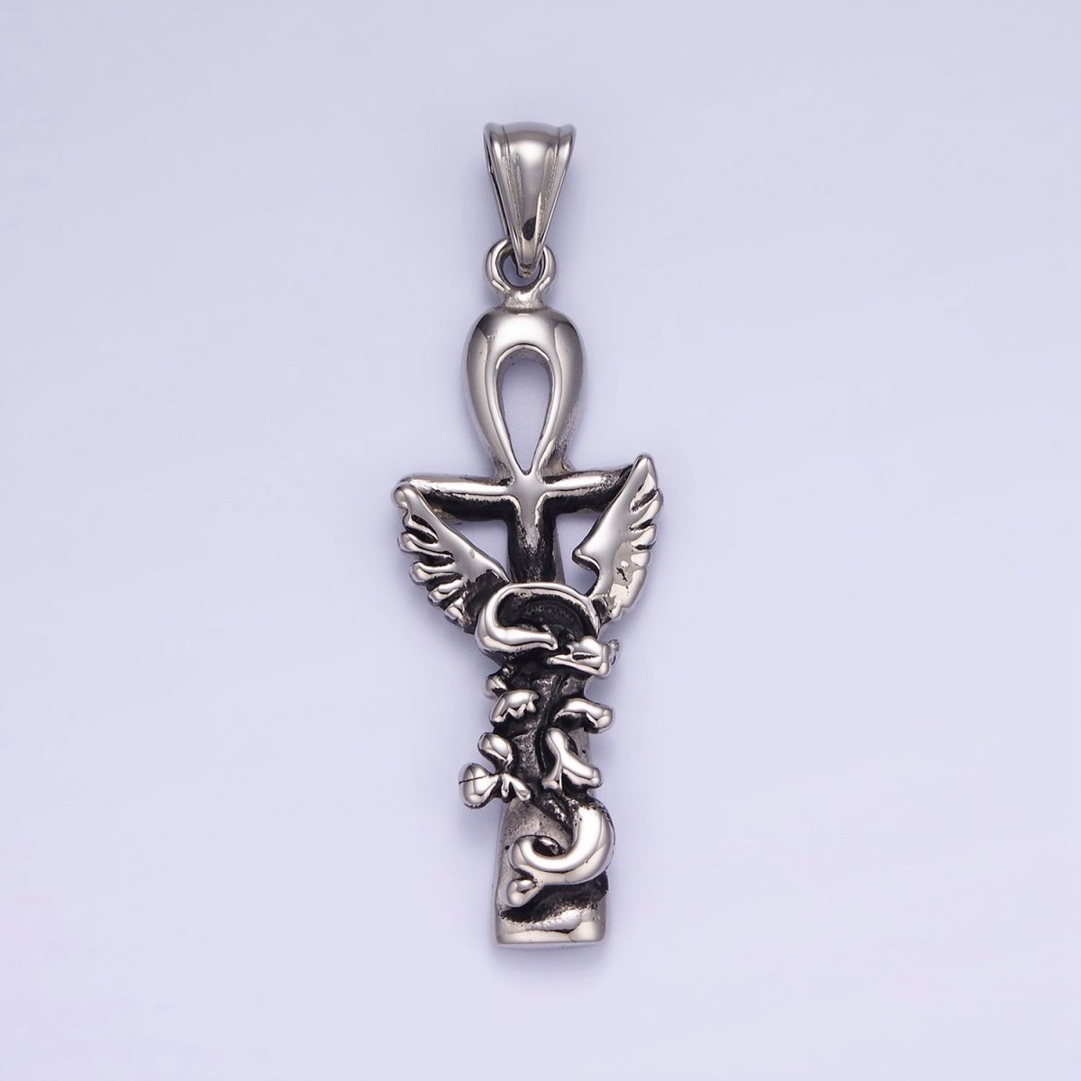 Stainless Steel Griffin Animal Ankh Cross Egyptian Oxidized Silver Pendant | P1410 - DLUXCA