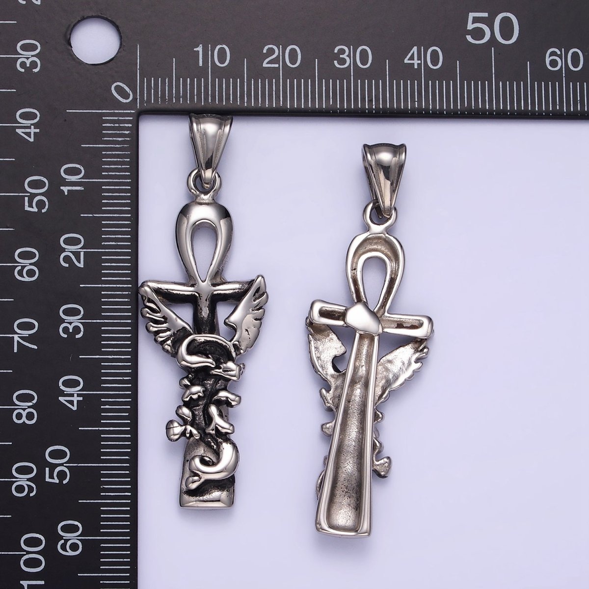 Stainless Steel Griffin Animal Ankh Cross Egyptian Oxidized Silver Pendant | P1410 - DLUXCA