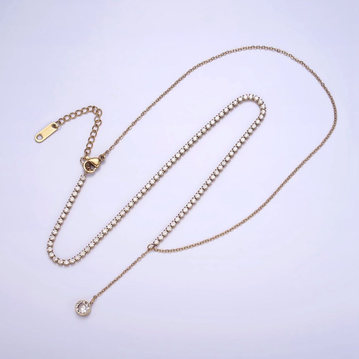 Stainless Steel Half Cable Tennis Chain Clear CZ Round Lariat 18.5 Inch Necklace | WA-2030 Clearance Pricing - DLUXCA