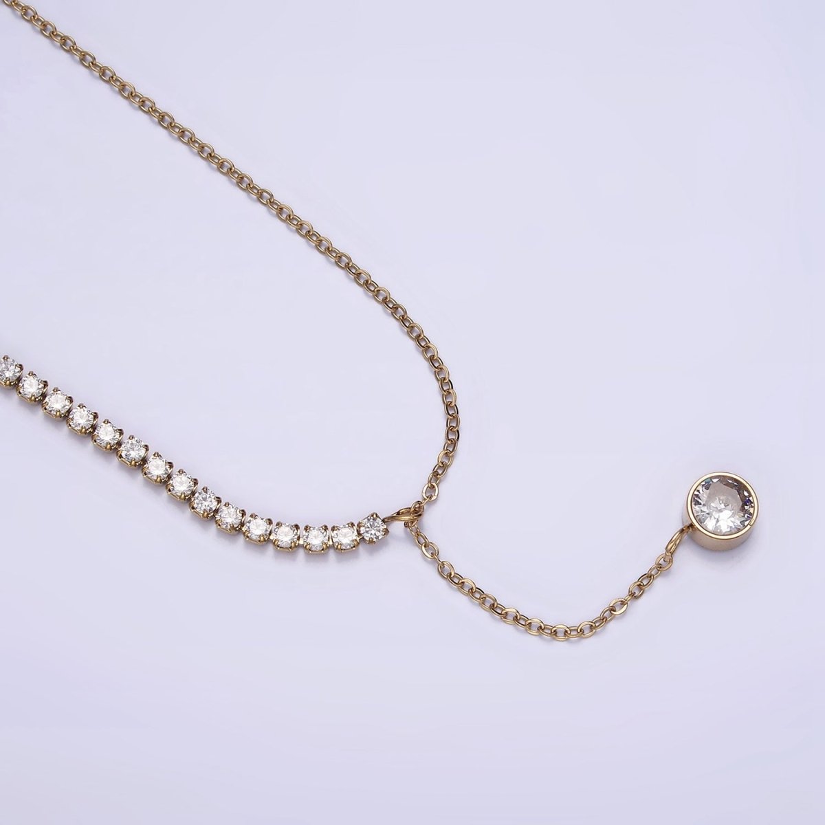 Stainless Steel Half Cable Tennis Chain Clear CZ Round Lariat 18.5 Inch Necklace | WA-2030 Clearance Pricing - DLUXCA