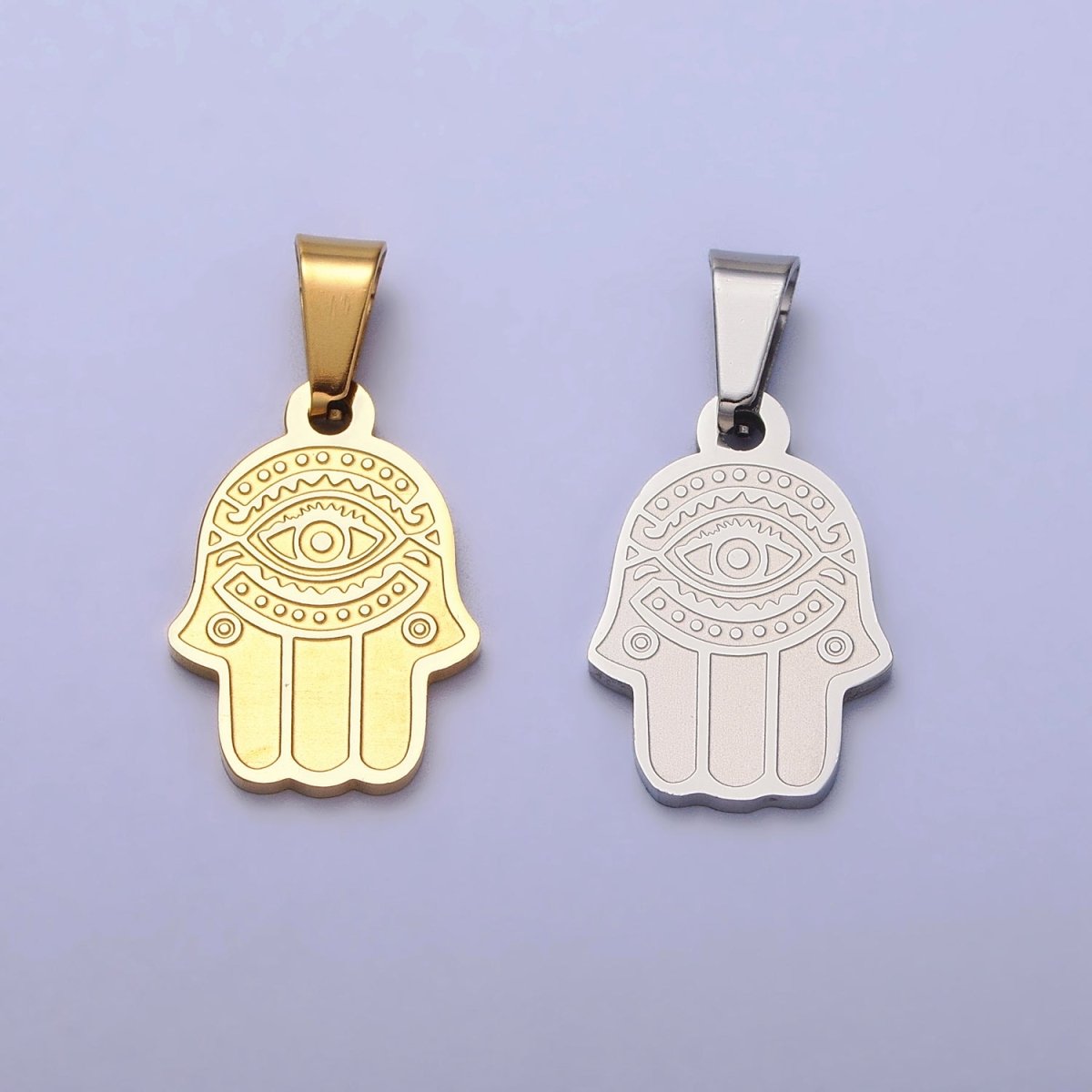 Stainless Steel Hamsa Hand Evil Eye Engraved Protection Pendant in Gold & Silver J-700 J-704 - DLUXCA