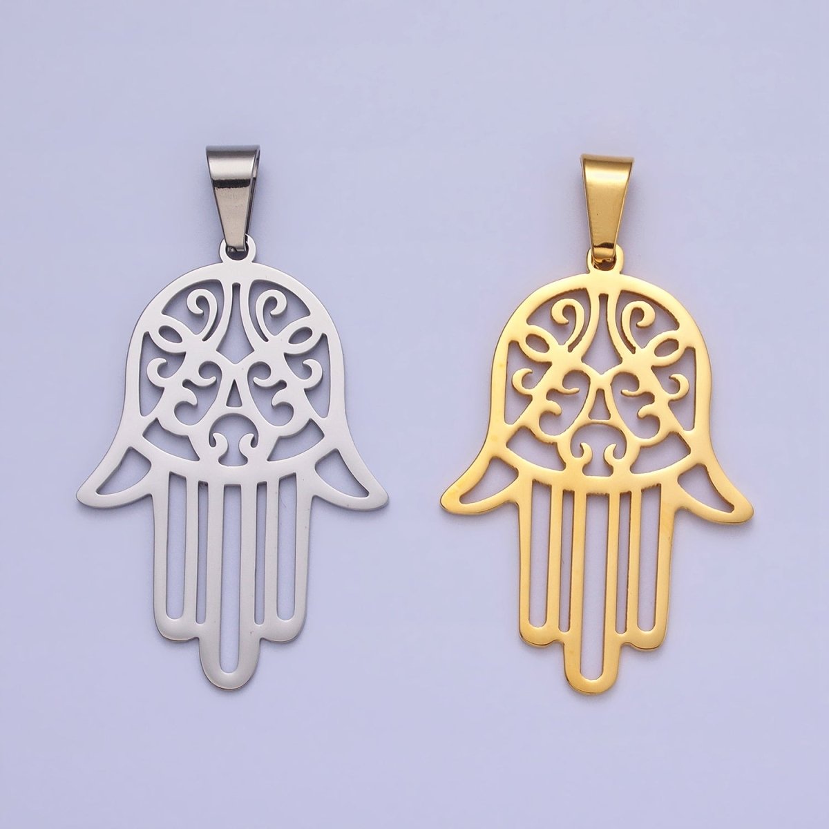 Stainless Steel Hamsa Hand Open 50mm Pendant in Gold & Silver J-712 J-713 - DLUXCA