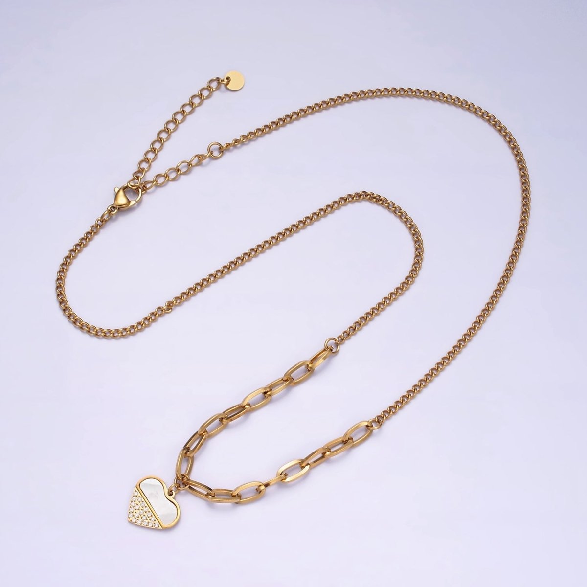 Stainless Steel Heart Micro Paved Shell Pearl Paperclip Curb 17 Inch Chain Necklace | WA-2052 Clearance Pricing - DLUXCA