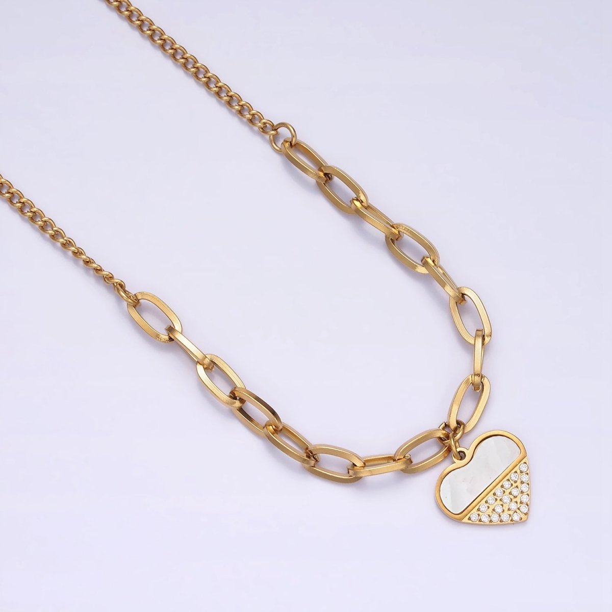 Stainless Steel Heart Micro Paved Shell Pearl Paperclip Curb 17 Inch Chain Necklace | WA-2052 Clearance Pricing - DLUXCA