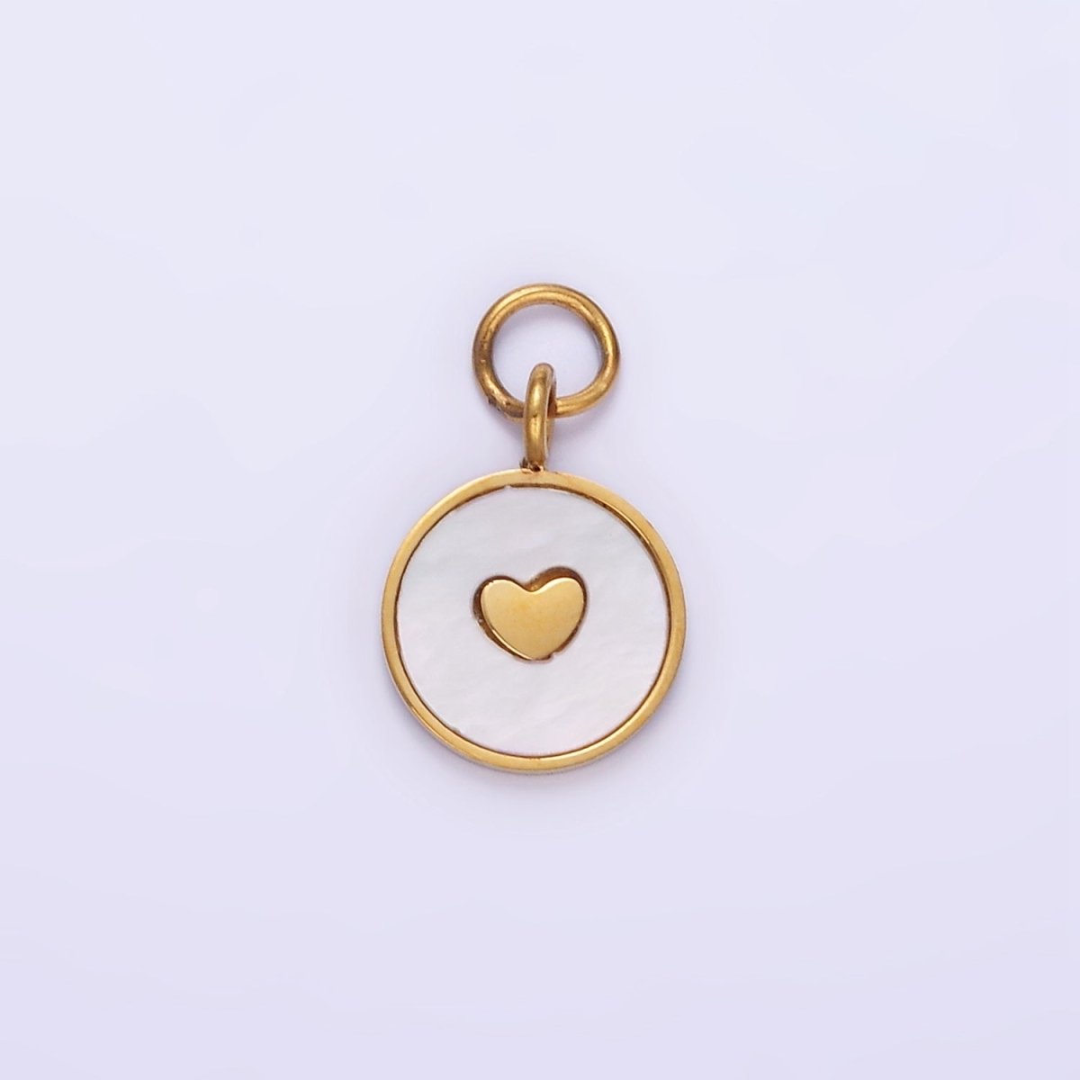 Stainless Steel Heart Shell Pearl Bezel Round Charm | P972 - DLUXCA