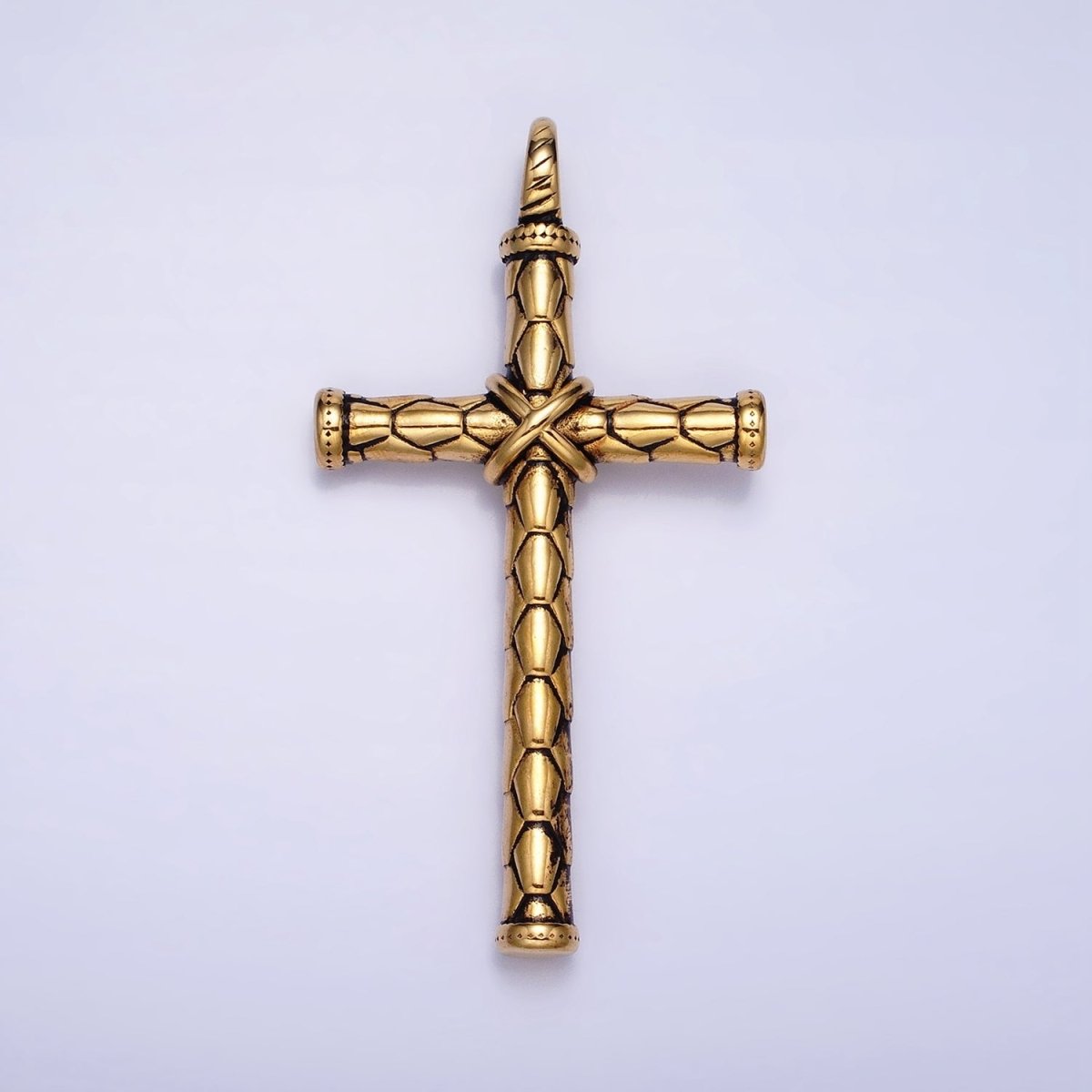 Stainless Steel Hexagon-Engraved Tied Religious Latin Cross Pendant in Gold & Silver P-1143 - DLUXCA