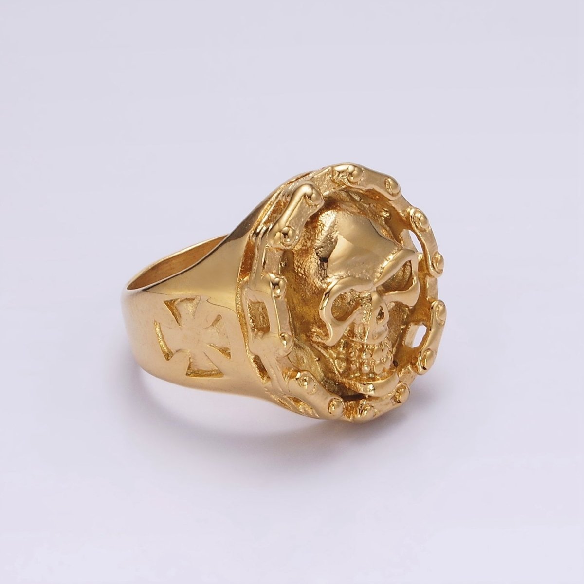 Stainless Steel Human Skull Skeleton Dotted Round Bolnisi Cross Signet Ring in Silver & Gold | O-716 ~ O-719 O-724 ~ O-727 - DLUXCA