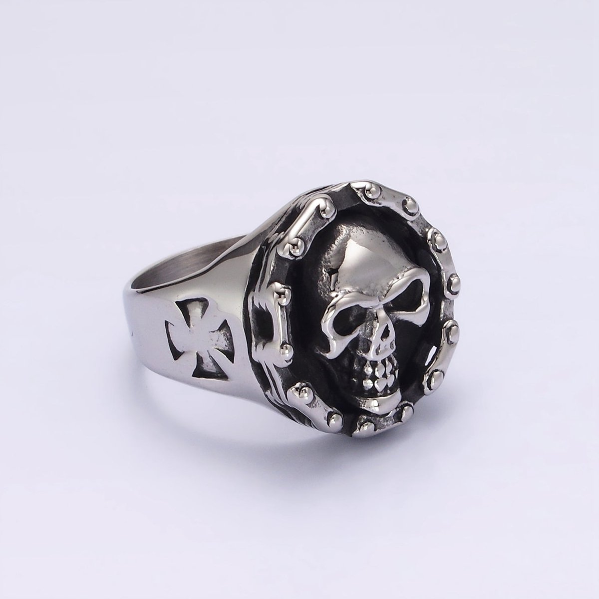 Stainless Steel Human Skull Skeleton Dotted Round Bolnisi Cross Signet Ring in Silver & Gold | O-716 ~ O-719 O-724 ~ O-727 - DLUXCA