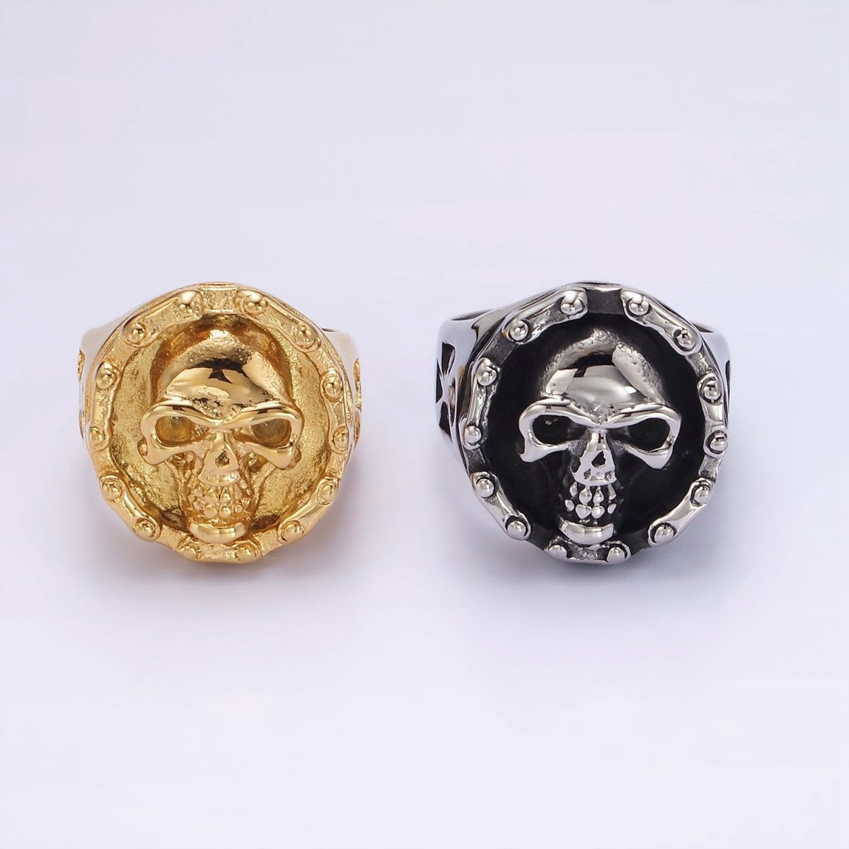 Stainless Steel Human Skull Skeleton Dotted Round Bolnisi Cross Signet Ring in Silver & Gold | O-716 ~ O-719 O-724 ~ O-727 - DLUXCA