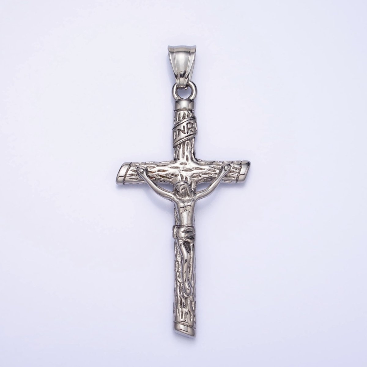 Stainless Steel INRI Crucifix Jesus Wood-Textured Cross 41.5mm Pendant in Gold, Silver & Black P1153 P1154 - DLUXCA