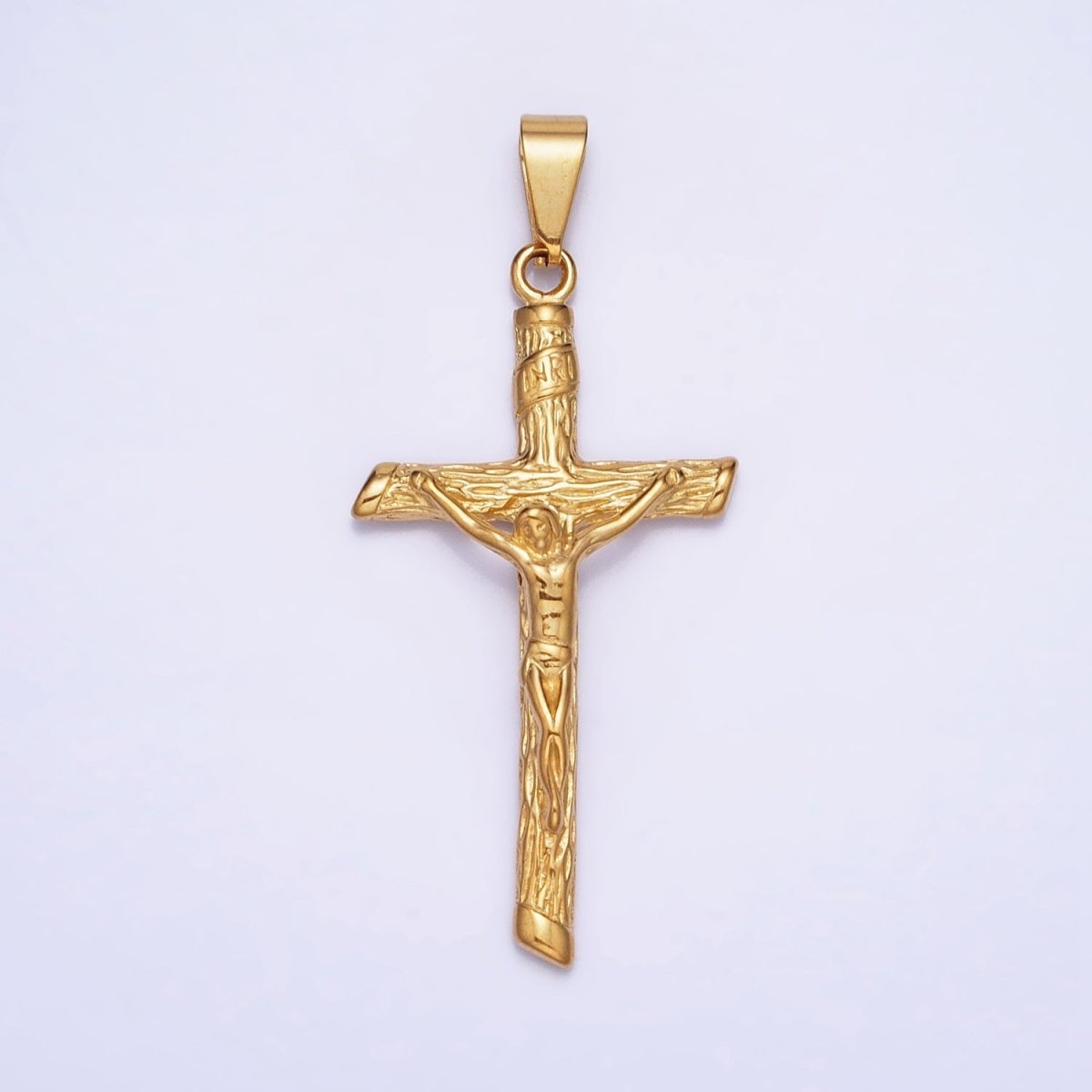 Stainless Steel INRI Crucifix Jesus Wood-Textured Cross 50mm Pendant in Gold & Silver J-812 J-813 - DLUXCA